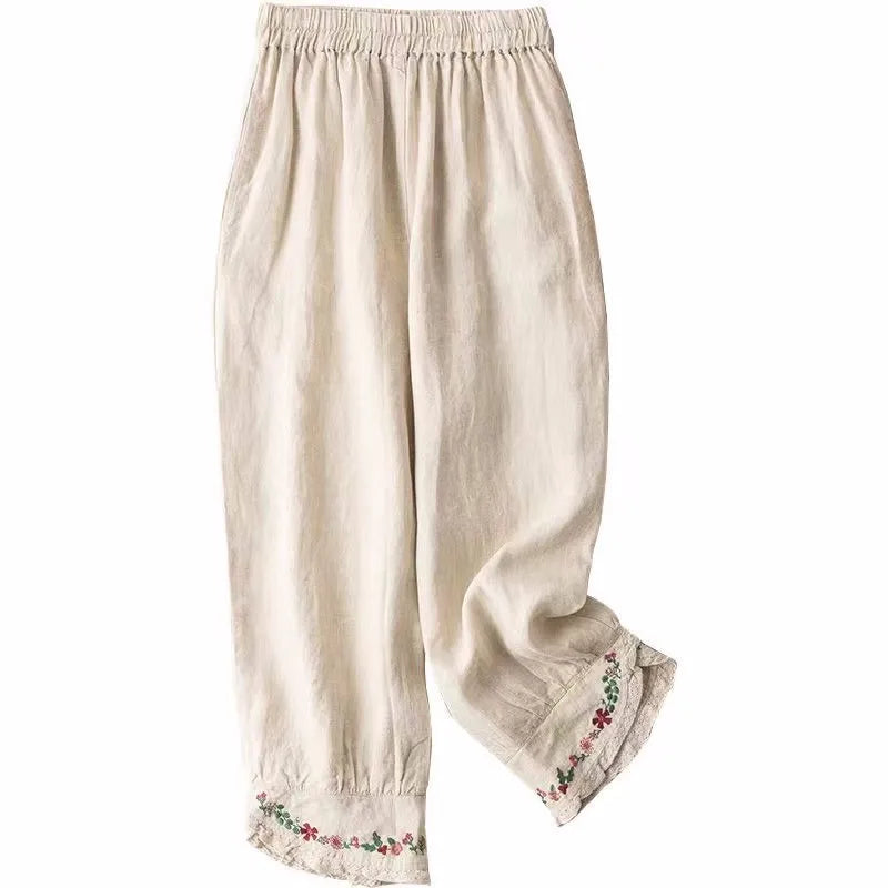 Retro Embroidery Cotton Blended Female Harem Pants Summer Casual Loose Lace Patchwork Trousers for Women