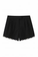 Women Lace Trim High Waist Black Casual Shorts