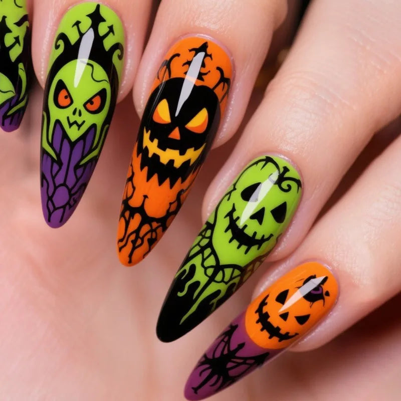 24pcs Phantom White French Fake Nails Sets Halloween Flower Stick on Nail Tips Mid-length Almond False Nail Art Press on Nails