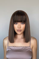 Chocolate Brown Short Straight Bob Human Hair Wig With Bangs For Women Glueless Bob Wig