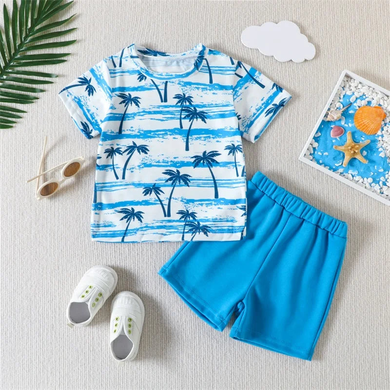 Summer Kids Boys Shorts Set Short Sleeve Tree Print T-shirt Elastic Waist Shorts Clothes Outfit
