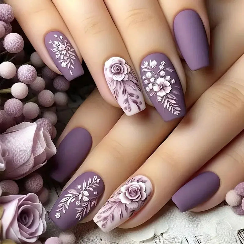 24Pcs Blue Gradient Nails Flower False Nails Retro Cute Artificial Nail Med-length Nail Tips