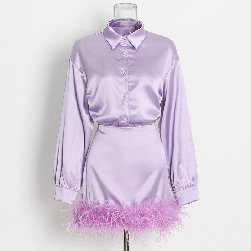 spring Women Dress Feathers Patchwork Long Sleeves Shirt Dresses Black Purple Vintage Sexy Autumn Women