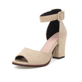 Beige high-heeled shoe with open toe and ankle strap on a white background, Obroi