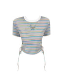 Women's T Shirt Style Green Striped Crop Top Slim Lady T-Shirt Tees Shirt Clothes Vintage