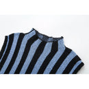 Sexy Women Contrast Striped Knit Dress Half High Collar Side Slit Hem Ladies Sleeveless Dresses Midi