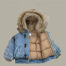 Children's Winter Thick Warm Jackets Boys Denim Hooded Fleece Coats Kids Casual Cotton Padded Fur Collar Outwear