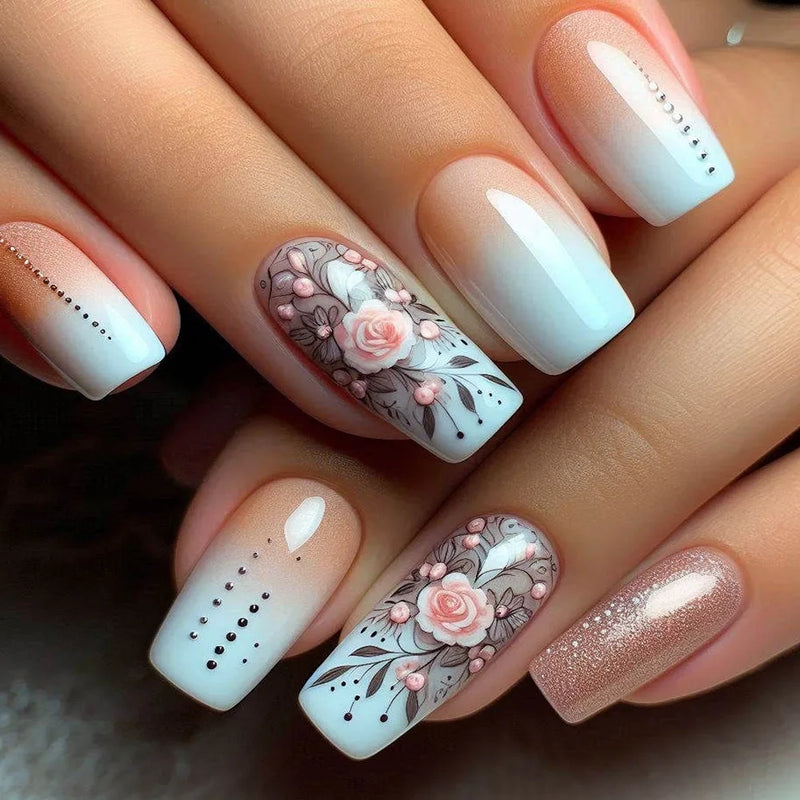 24Pcs Nails Cozy Garden Blooming Flower Leaf Nail Short Square Press on Nails Summer
