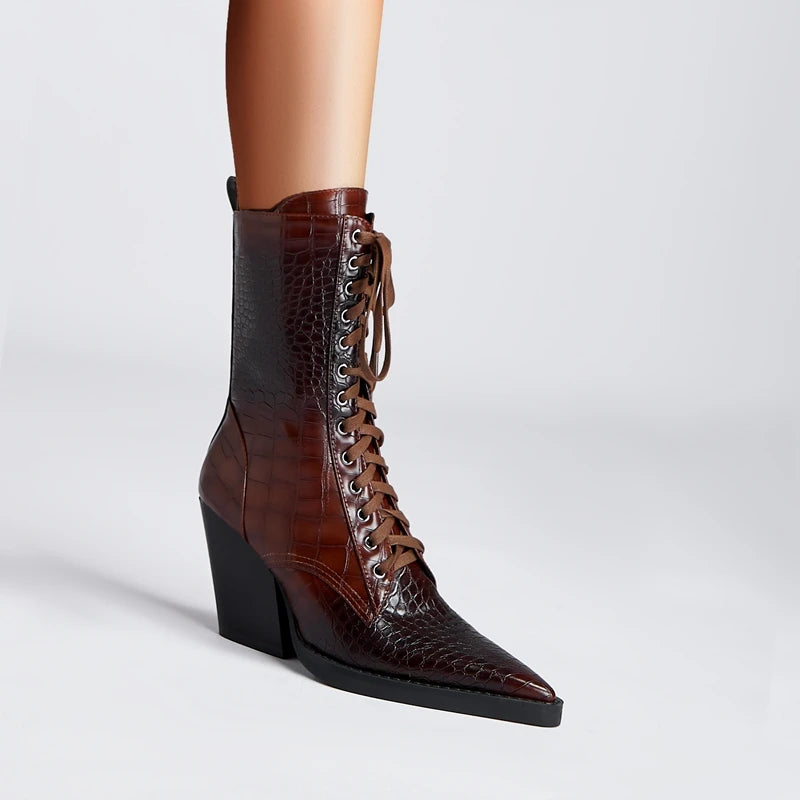 Women lace up pointed autumn and winter thick heels western short boots