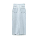 Women Light Blue Front Slit Denim Skirt Vintage High Waist Unfinished Hem Female Midi Skirts