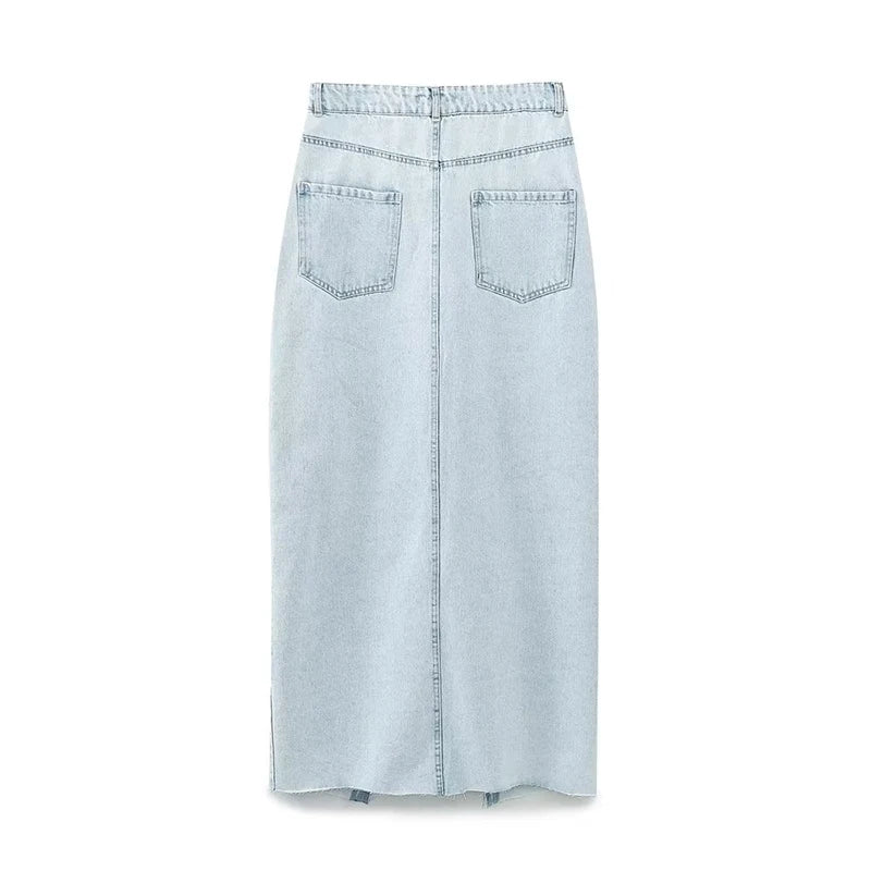 Women Light Blue Front Slit Denim Skirt Vintage High Waist Unfinished Hem Female Midi Skirts