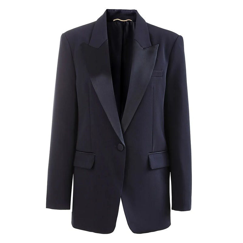 Minimalist Office Blazer for Women Notched Collar Spliced Single Button Loose Jacket Female