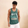 Person wearing a green tank top with 'Sun Salt Sand' text on a beige background