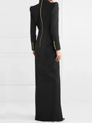 Women Dress Notched Long Sleeve Double Breasted Zipper Waist Split Elegant Suit Dresses Autumn