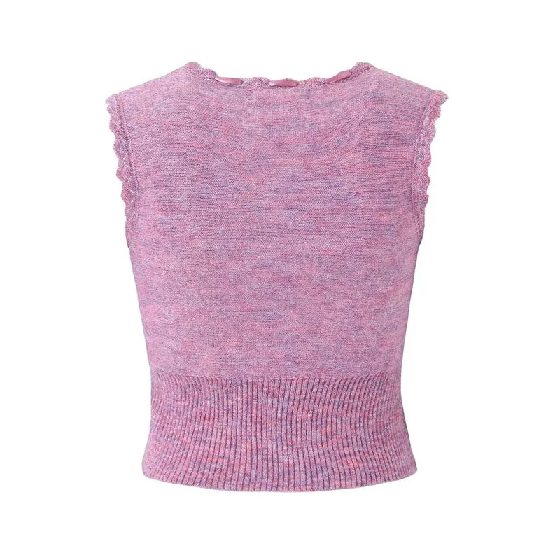 Women's Sleeveless Knitted Top Cute Sweet Bow Lace Up Corset Ladies Thin Tank Crop Vest Tops