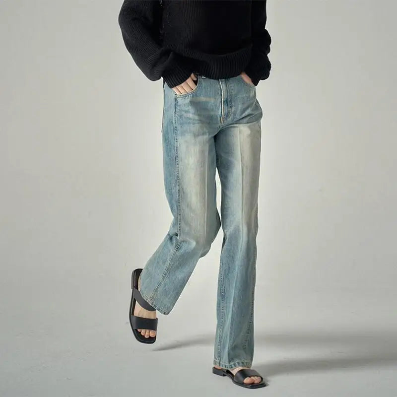 Jeans High Waisted Casual Floor Mopping Jeans Women Boyfriend Splicing Sky Blue Denim Pants