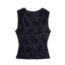 Women Tulle Backless Bow Lace Up Tank Tops Vintage O-Neck Sleeveless Female Chic Lady Top