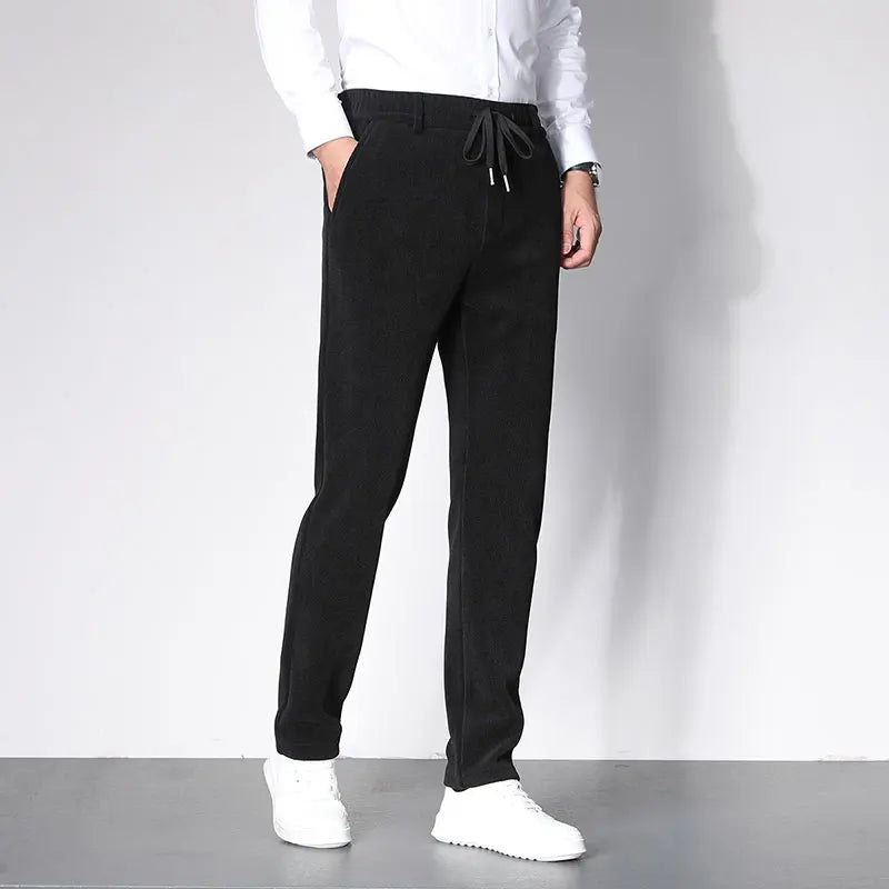 Spring Corduroy Men's Business Casual Trousers Zipper Pocket Elastic Waist Slim Jogging Pants Male Clothing