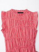 A red and white gingham sleeveless top with a smocked bodice and ruffled cap sleeves, laid flat against a white background. The brand label reads 'Obroi'.