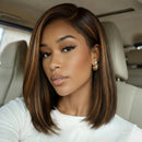 Golden Brown Highlights Straight Bob Wig With Drawstring 7x5 No-Slip Short Human Hair Glueless Wig