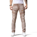 Beige biker jeans worn by a person on a white background, Obroi