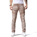 Beige biker jeans worn by a person on a white background, Obroi