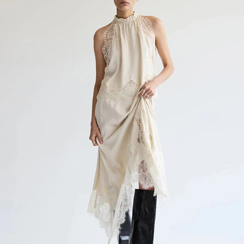 Hollow Loose Beach Outfits Women Clothing Lace Patchwork Two Piece Set Club Party Skirt Suit