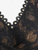 Tie Dye Flower Crossover Tops Lace Trim Grommet T-shirts Women Casual Tees