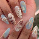 24pcs Ins Starfish Shell Decor Fake Nails Ocean Gradient Press on Nails Full Cover Wearable French Almond False Nail Tips