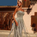 Sliver Sequin Evening Dresses Strapless Dresses with Tassel Mermaid Gown