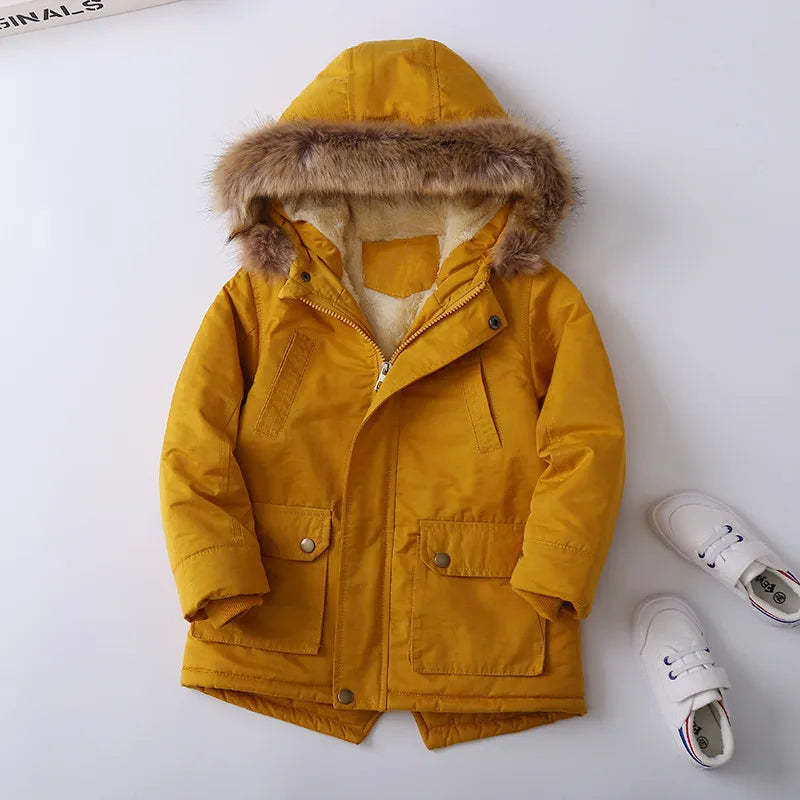 Winter Boys Jacket Fur Collar Thickening Hooded Cotton Coat For Kids Keep Warm Clothing