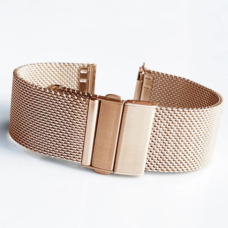 Mesh Loop Strap Stainless Steel Metal Quick Release Bracelet Double Press Butterfly Buckle Watch Band