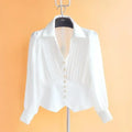 Blouse Women Slim Waist Long Sleeve Chiffon Shirts Folds Single Breasted Crop Tops