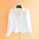 Blouse Women Slim Waist Long Sleeve Chiffon Shirts Folds Single Breasted Crop Tops