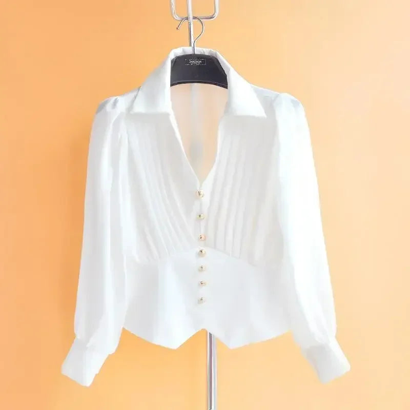 Blouse Women Slim Waist Long Sleeve Chiffon Shirts Folds Single Breasted Crop Tops