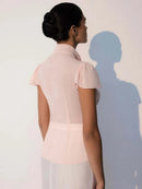 Pink Slim Women's Shirt Summer Lace-Up Neck Single Breasted Shirts Casual Pleated Shirts Female