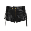 Leather Shorts Black High Waist Zipper Pocket Design Shorts Women