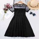 Girls Short Sleeve Contrast Dobby Mesh Bow Front Dress Children Elegant Princess Party Dresses Girls Casual Dresses