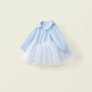 Girls Blue Collar Dress Spring Children Edition Striped Splicing Mesh Skirt