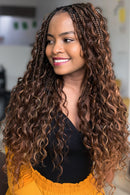 Woman with long, wavy hair next to a close-up of a hair extension with similar style, Obroi