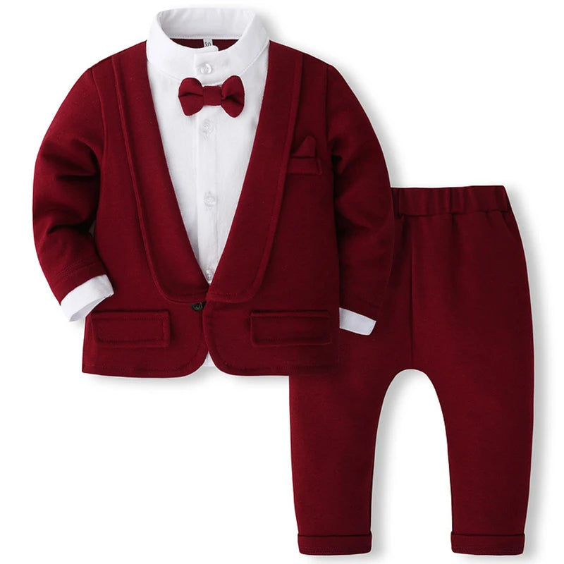 Spring Fall Boys Outfit Set Gentleman Suit Red Tie Coat Pants Newborn Clothes Baby Luxury Clothing