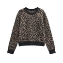 Women American leopard round neck sweater knit top for autumn and winter