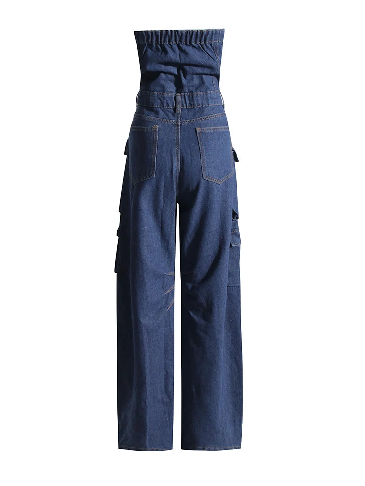 Patchwork Pockets Streetwear Jumpsuits For Women Strapless Sleeveless Cold Shoulder Jumpsuit Female