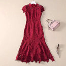 Luxury Embroidery Lace Evening Long Dresses Women Summer Holiday Fishtail Mermaid Hollow Out Dress