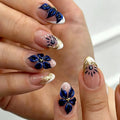24PCS Pink Almond Press on Nails Full Cover Carved Flower Ripples French Nails for Women with Golden Pearl Wearable Nail