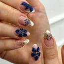 24PCS Pink Almond Press on Nails Full Cover Carved Flower Ripples French Nails for Women with Golden Pearl Wearable Nail