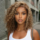 Lace Honey Blonde Highlights Water Wave Curly Bob Wig 180% Density Pre Cut Pre Bleached Glueless Wig Human Hair