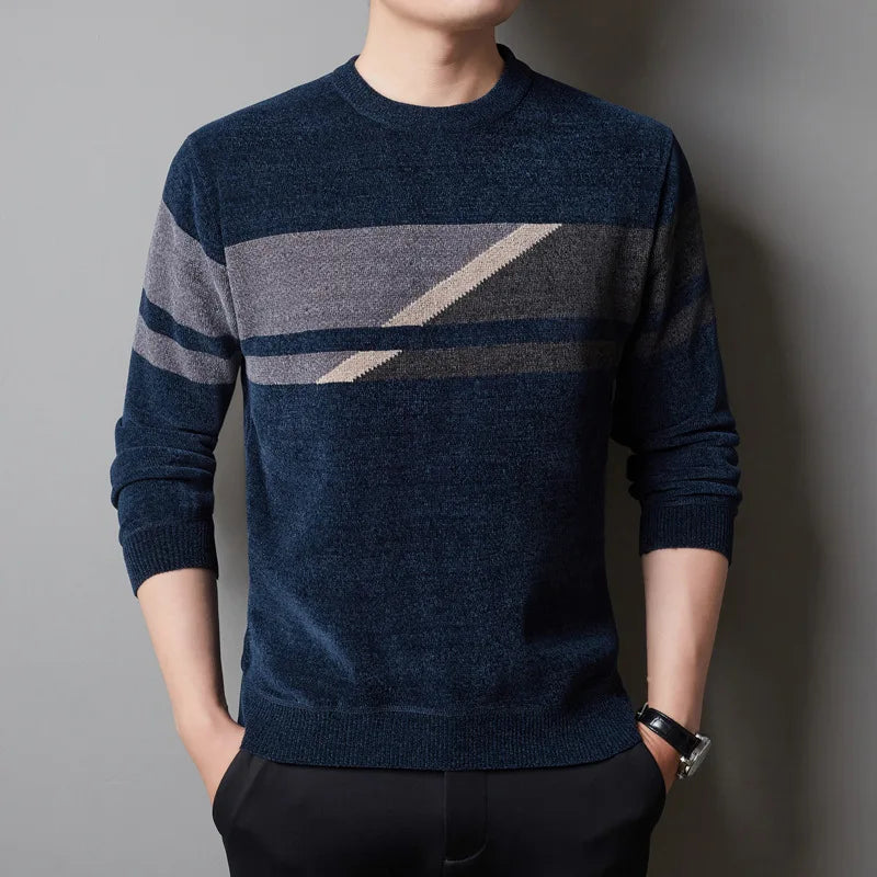BROWON New Arrival Mens Clothes 2025 Autumn and Winter Fleece Warm Thickened Sweater Chenille Patchwork O-Neck Sweater Pullovers