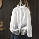 Women shirt elegant stand collar white flower embroidery shirts cotton long sleeve blouses Ladies clothing
