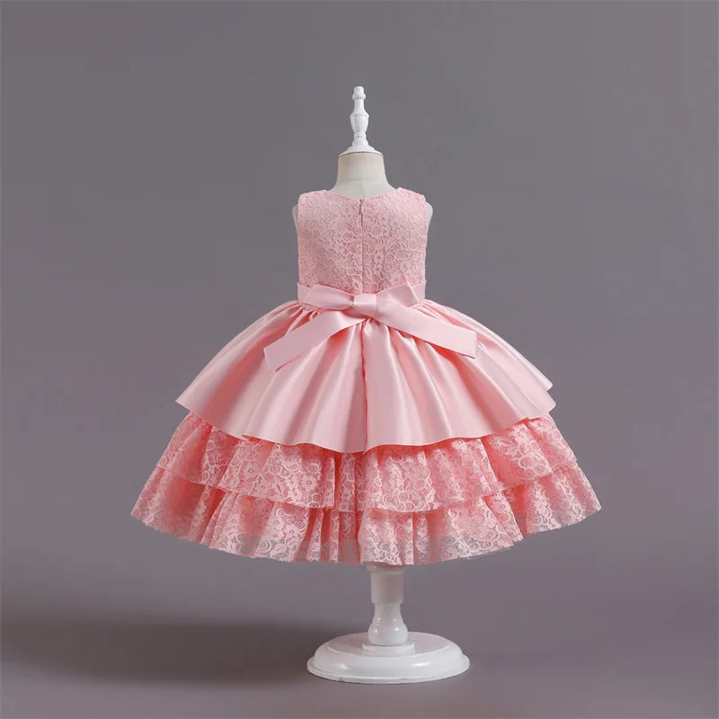 Girls Flower Dresses For Wedding and Party Kids Princess Lace Bowknot Birthday Performance Costumes Children Clothing